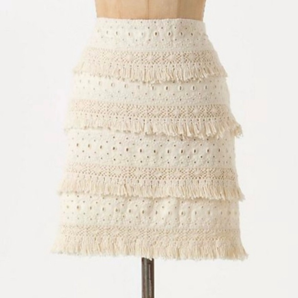 Anthropologie HD in Paris Fringe Eyelet Skirt in Cream Linen